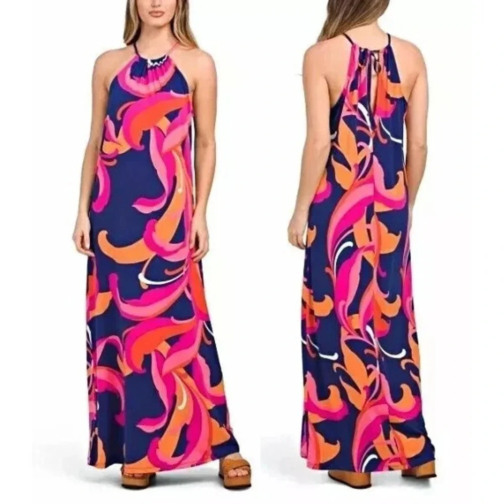 TRINA TURK Milan Scroll Halter Neck Tie Stretch Maxi Dress S/M* Swimsuit Coverup